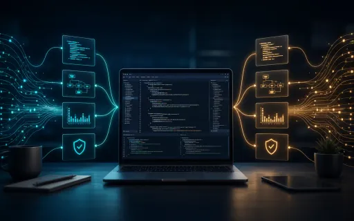 Laptop displaying code between two color-coded evaluation pipelines with task, workflow, test-result, and security panels for comparing AI coding systems.