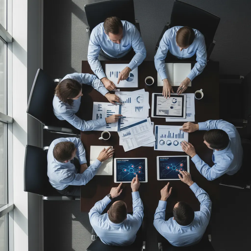 IT security team reviewing tablet screens and documents showing unauthorized AI tool audit results in a corporate conference room