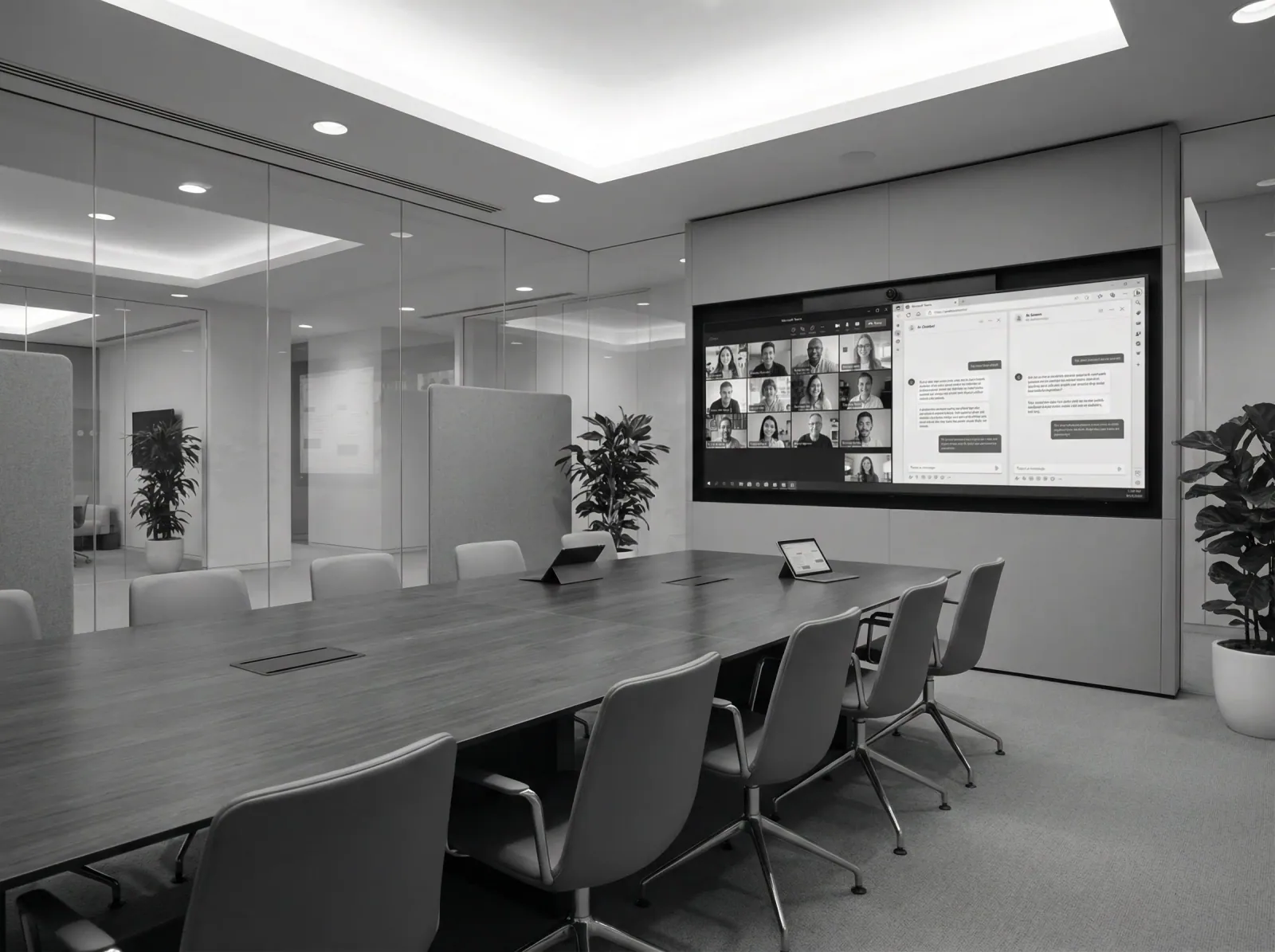 Modern conference room with Microsoft Teams and AI assistant interfaces displayed on a large screen, representing enterprise AI integration for team collaboration.