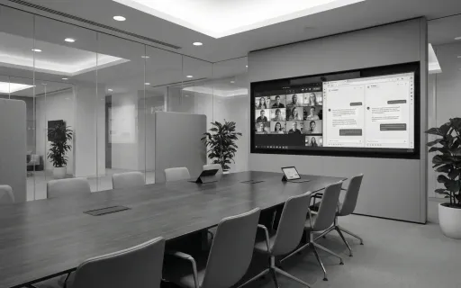 Modern conference room with Microsoft Teams and AI assistant interfaces displayed on a large screen, representing enterprise AI integration for team collaboration.