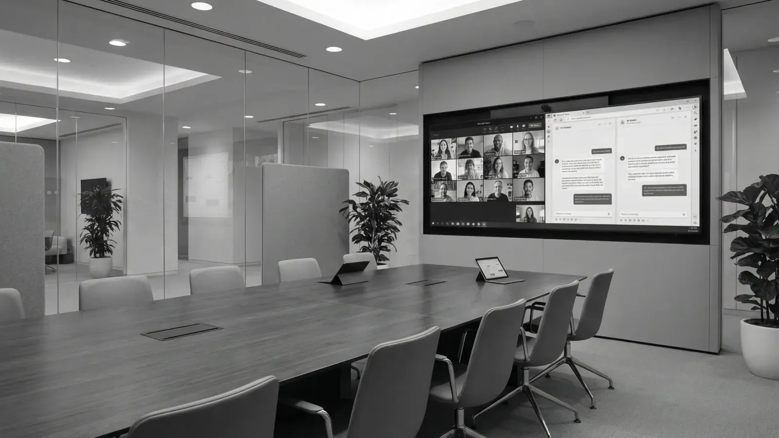 Modern conference room with Microsoft Teams and AI assistant interfaces displayed on a large screen, representing enterprise AI integration for team collaboration.