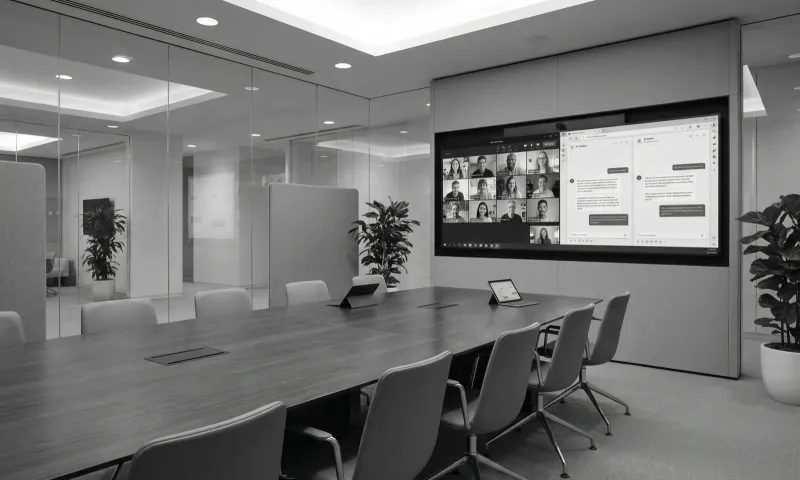 Modern conference room with Microsoft Teams and AI assistant interfaces displayed on a large screen, representing enterprise AI integration for team collaboration.