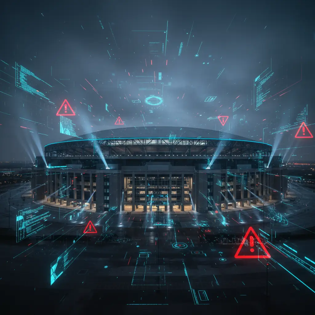 AT&T Stadium in Arlington Texas illuminated at dusk with digital cyber threat indicators visualized around the venue perimeter