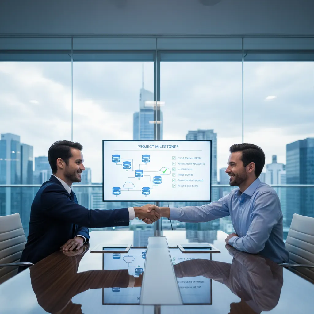 Two professionals shaking hands after evaluating and selecting a managed IT provider partnership