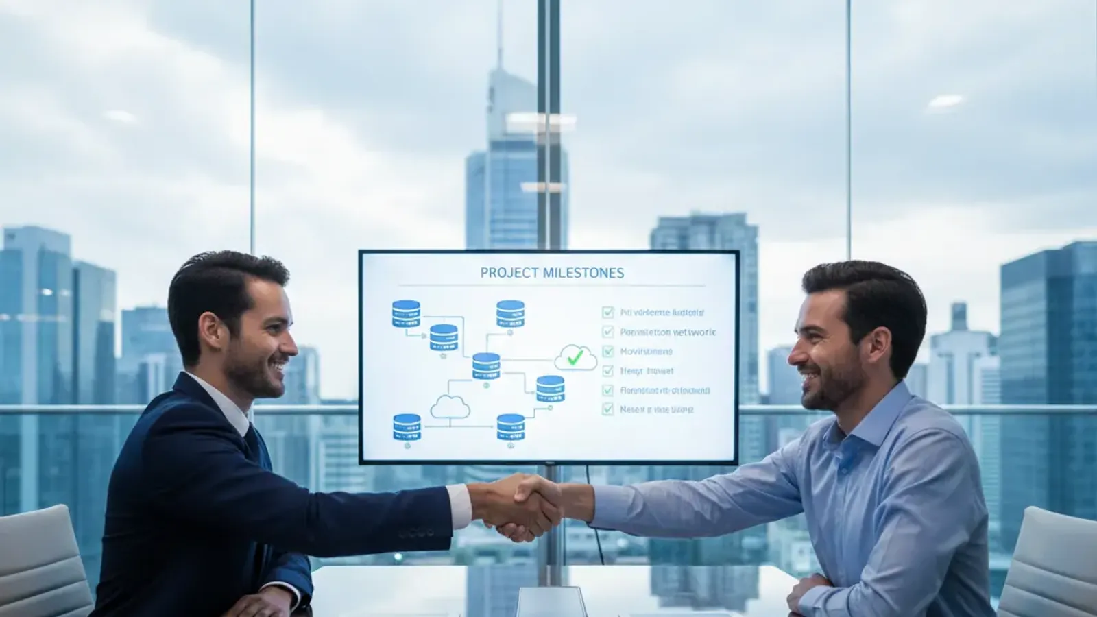 Two professionals shaking hands after evaluating and selecting a managed IT provider partnership