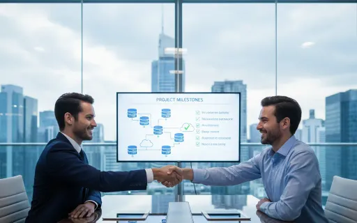 Two professionals shaking hands after evaluating and selecting a managed IT provider partnership