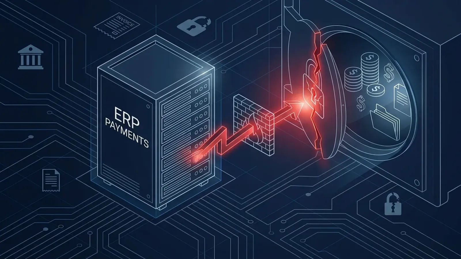 Conceptual illustration of a compromised enterprise payments system breached toward a vault of payment and bank records