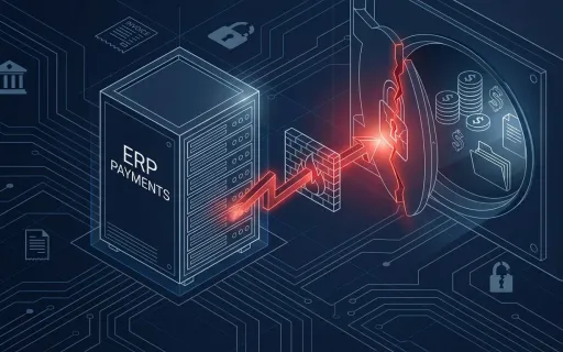 Conceptual illustration of a compromised enterprise payments system breached toward a vault of payment and bank records