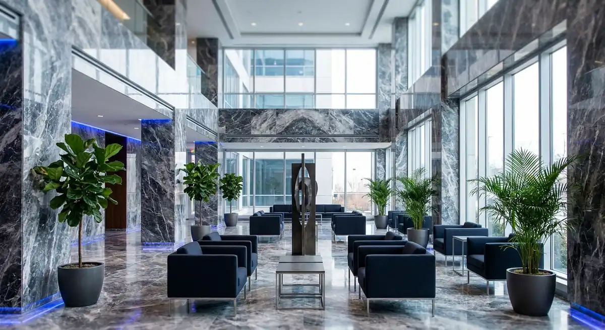 A bright two-story marble atrium office lobby with floor-to-ceiling windows, polished marble surfaces, and modern seating