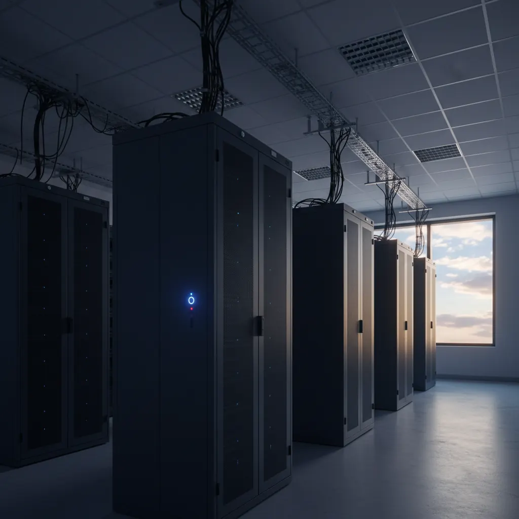 Server room with lights fading out during datacenter decommission, transitioning from on-premises infrastructure to cloud