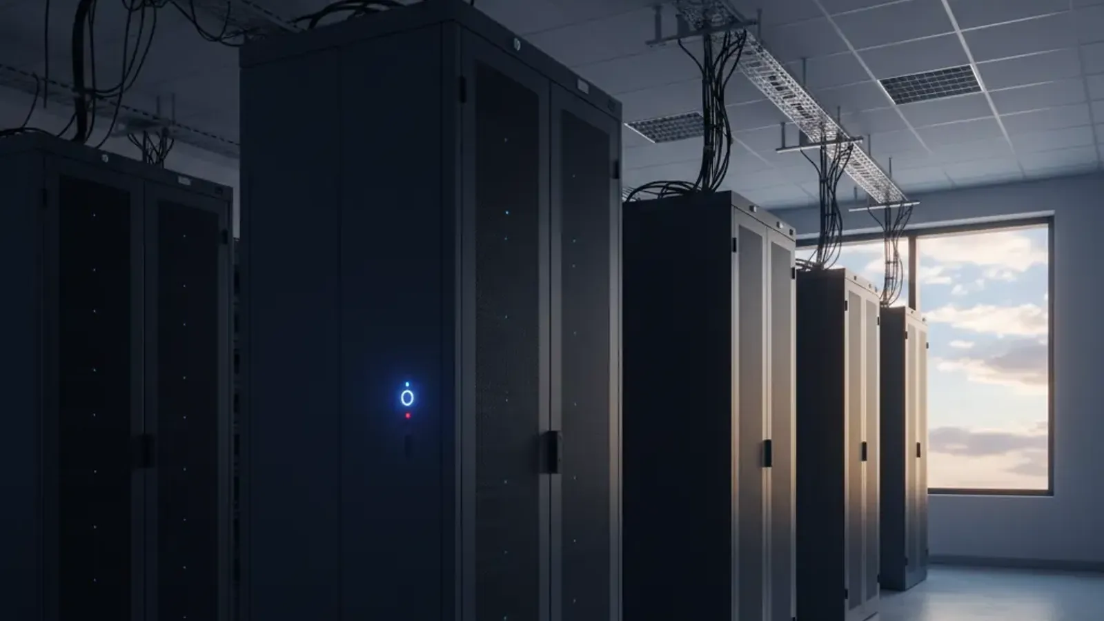 Server room with lights fading out during datacenter decommission, transitioning from on-premises infrastructure to cloud