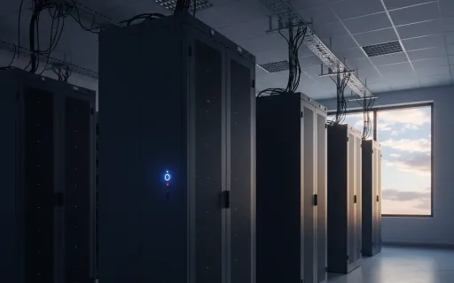 Server room with lights fading out during datacenter decommission, transitioning from on-premises infrastructure to cloud