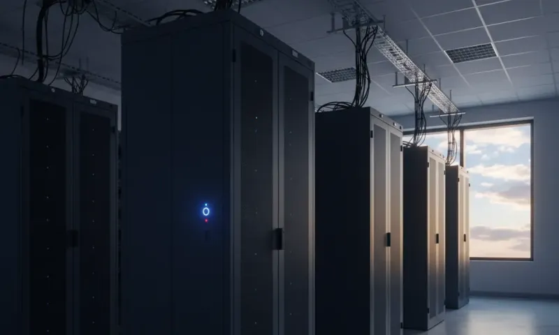 Server room with lights fading out during datacenter decommission, transitioning from on-premises infrastructure to cloud