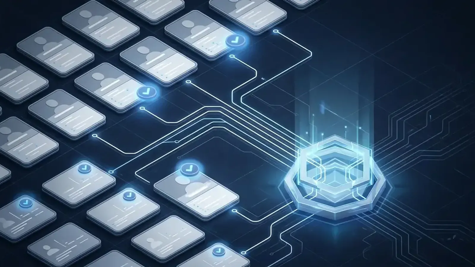 Isometric infographic of a verified managed IT service provider directory: structured profile cards with verification badges flowing toward a buyer evaluation hub on a dark navy background with subtle blue accent lighting