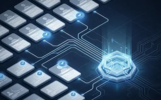 Isometric infographic of a verified managed IT service provider directory: structured profile cards with verification badges flowing toward a buyer evaluation hub on a dark navy background with subtle blue accent lighting