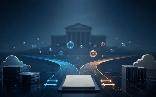 Abstract courthouse behind two diverging data paths, connected AI nodes, cloud servers, and a contract document