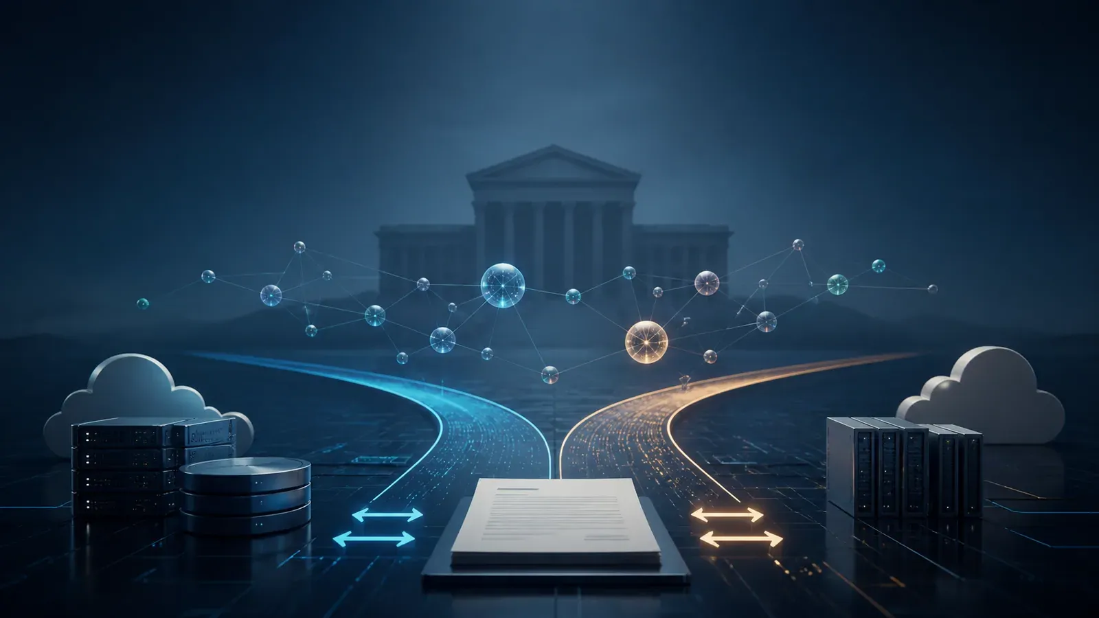 Abstract courthouse behind two diverging data paths, connected AI nodes, cloud servers, and a contract document