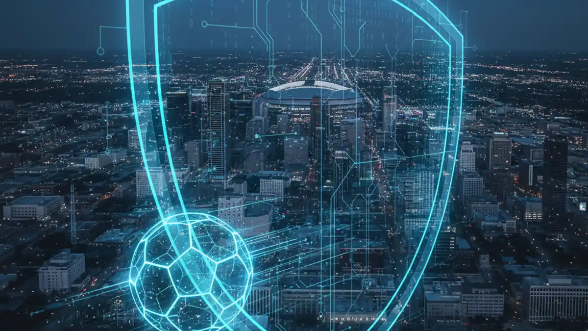 Dramatic aerial view of Dallas Texas skyline at twilight with digital cybersecurity shield and World Cup theme
