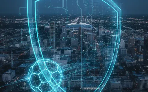 Dramatic aerial view of Dallas Texas skyline at twilight with digital cybersecurity shield and World Cup theme