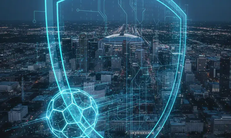 Dramatic aerial view of Dallas Texas skyline at twilight with digital cybersecurity shield and World Cup theme