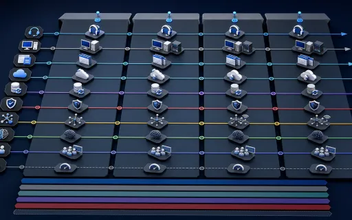 Conceptual four-quarter technology roadmap with layered budget paths connecting hardware, cloud, security, continuity, and AI investments