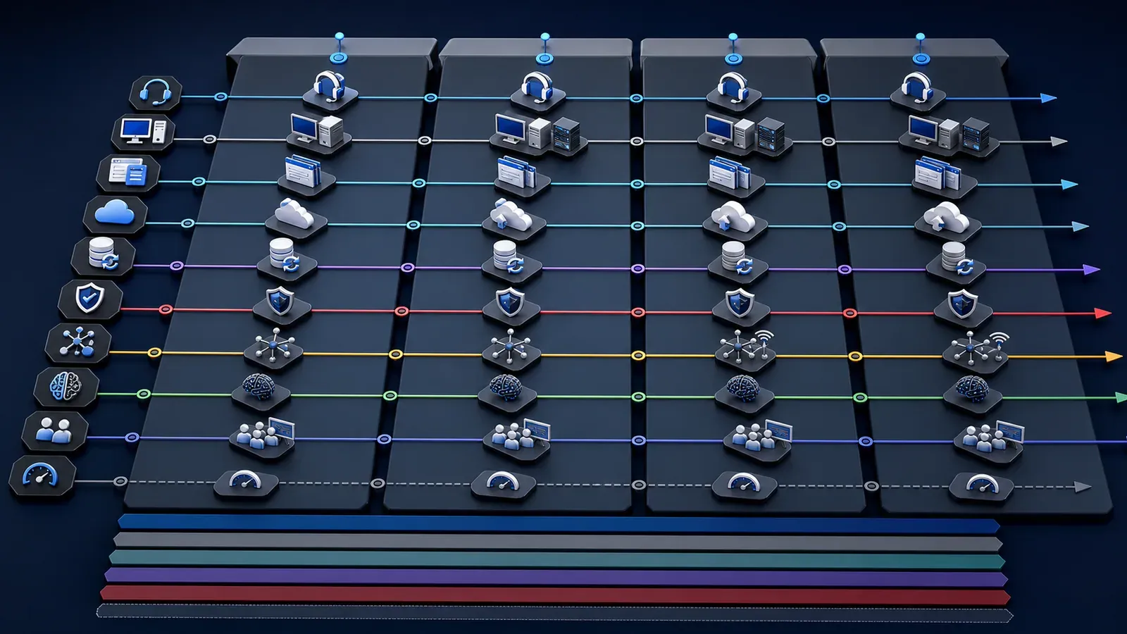 Conceptual four-quarter technology roadmap with layered budget paths connecting hardware, cloud, security, continuity, and AI investments