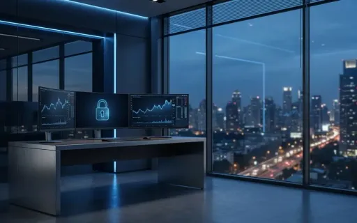 Modern downtown commercial real estate office at dusk with secure financial transaction dashboards on screen and a Dallas skyline beyond the windows
