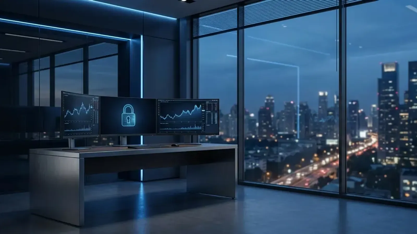 Modern downtown commercial real estate office at dusk with secure financial transaction dashboards on screen and a Dallas skyline beyond the windows