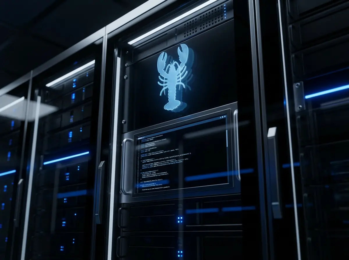 Modern server infrastructure with holographic AI assistant interface displaying OpenClaw autonomous agent architecture in a dark data center environment with blue accent lighting.