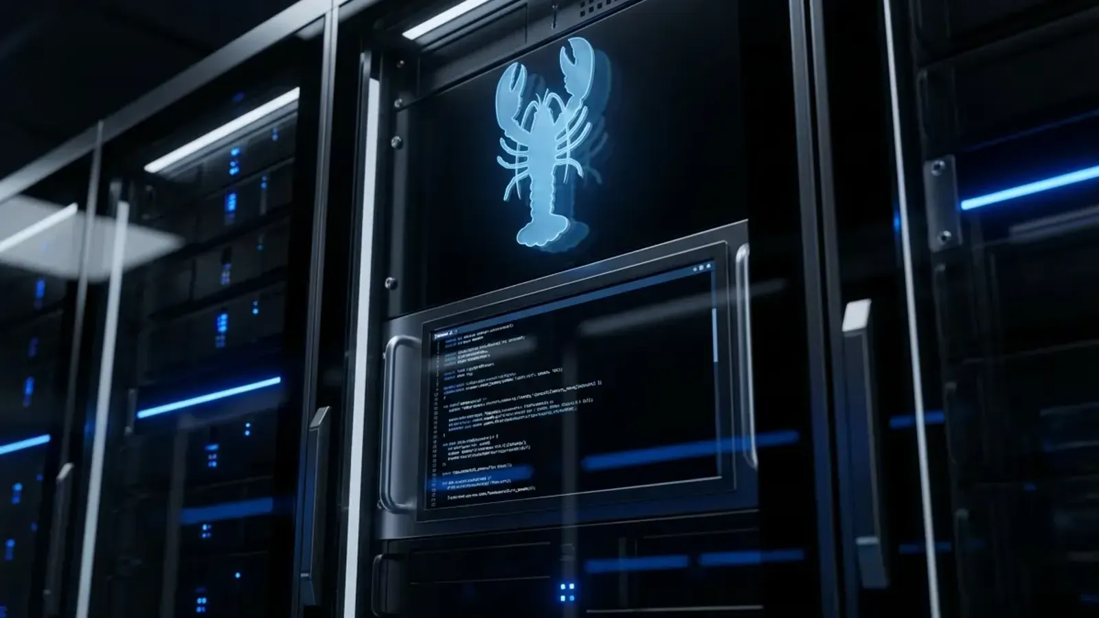 Modern server infrastructure with holographic AI assistant interface displaying OpenClaw autonomous agent architecture in a dark data center environment with blue accent lighting.
