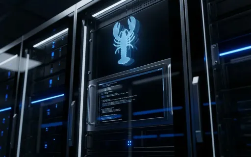 Modern server infrastructure with holographic AI assistant interface displaying OpenClaw autonomous agent architecture in a dark data center environment with blue accent lighting.