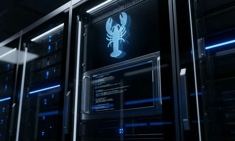 Modern server infrastructure with holographic AI assistant interface displaying OpenClaw autonomous agent architecture in a dark data center environment with blue accent lighting.