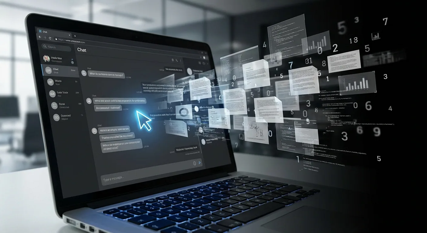 Corporate data flowing from a laptop into an AI chat interface, representing proprietary information leaking to public LLM platforms in an enterprise environment.