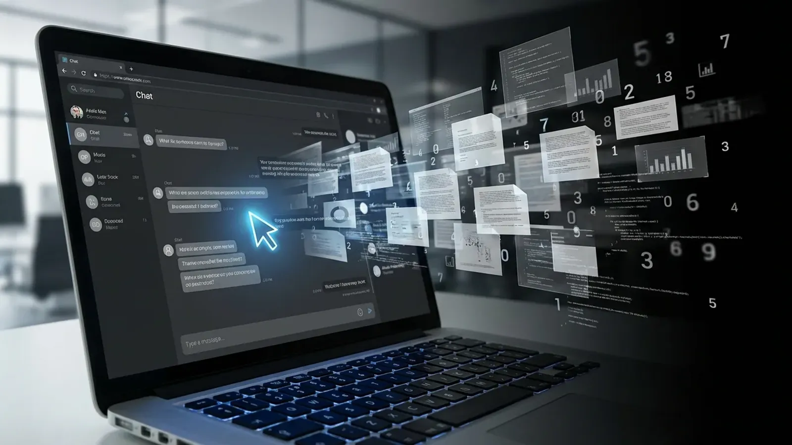 Corporate data flowing from a laptop into an AI chat interface, representing proprietary information leaking to public LLM platforms in an enterprise environment.
