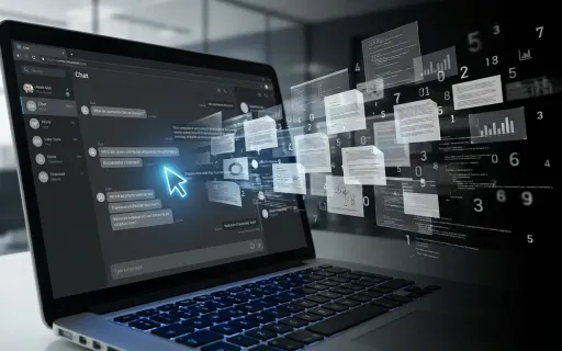 Corporate data flowing from a laptop into an AI chat interface, representing proprietary information leaking to public LLM platforms in an enterprise environment.