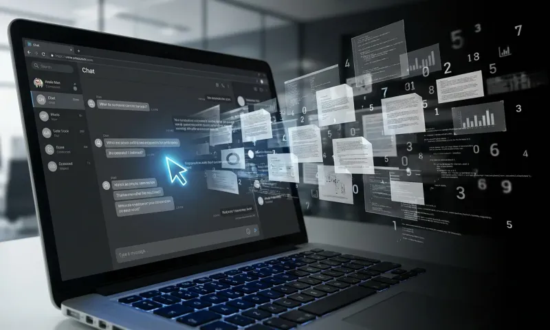 Corporate data flowing from a laptop into an AI chat interface, representing proprietary information leaking to public LLM platforms in an enterprise environment.