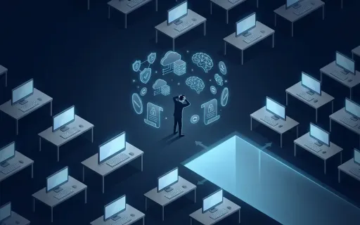 Conceptual isometric illustration of a single silhouette figure surrounded by technology icons representing the IT skills gap and talent shortage crisis