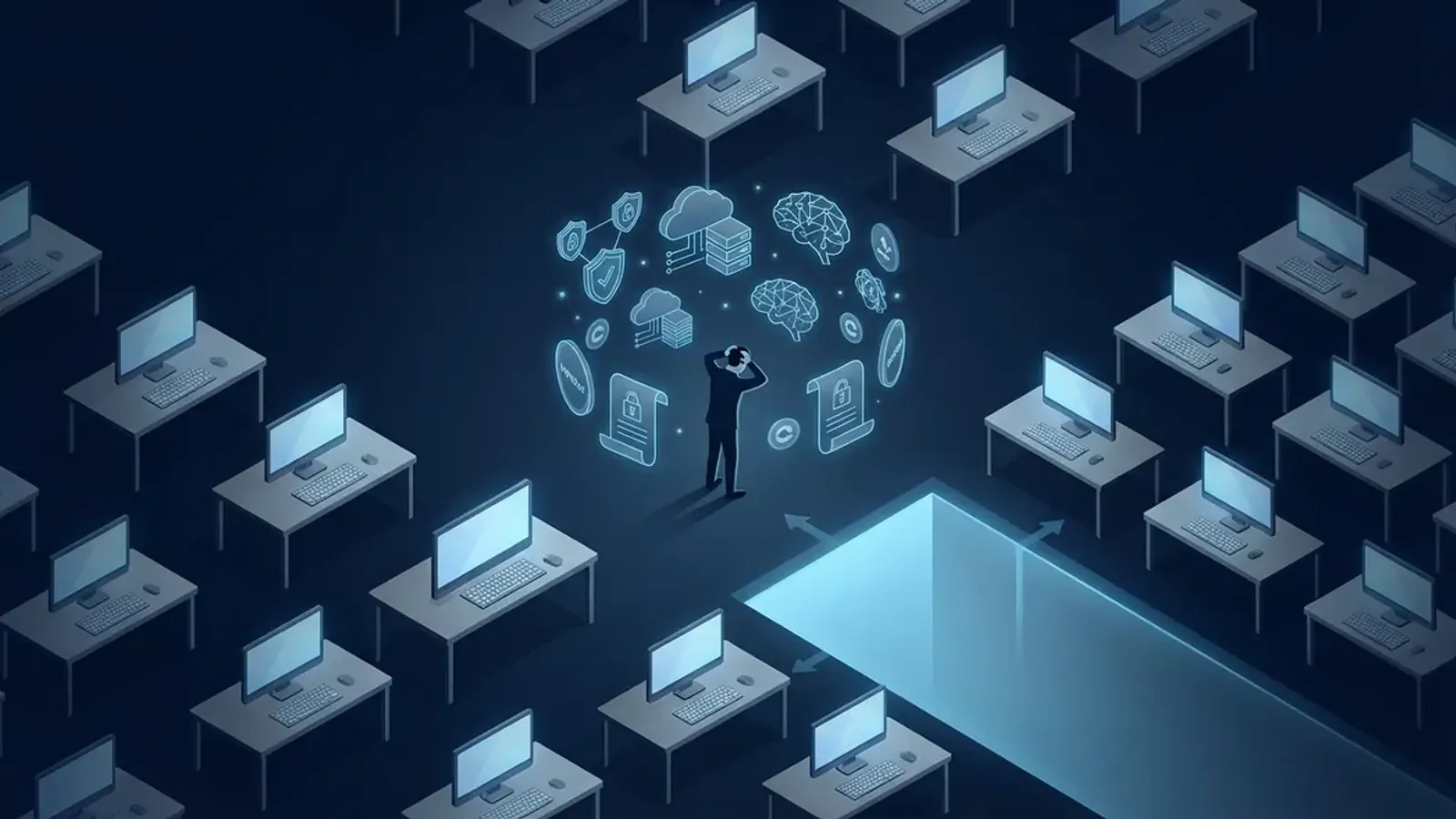 Conceptual isometric illustration of a single silhouette figure surrounded by technology icons representing the IT skills gap and talent shortage crisis