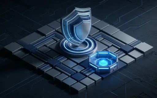 Abstract isometric visualization of a resilient enterprise security architecture, layered shields and segmented network zones containing a contained intrusion, dark navy and blue palette