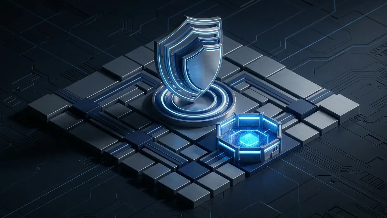 Abstract isometric visualization of a resilient enterprise security architecture, layered shields and segmented network zones containing a contained intrusion, dark navy and blue palette