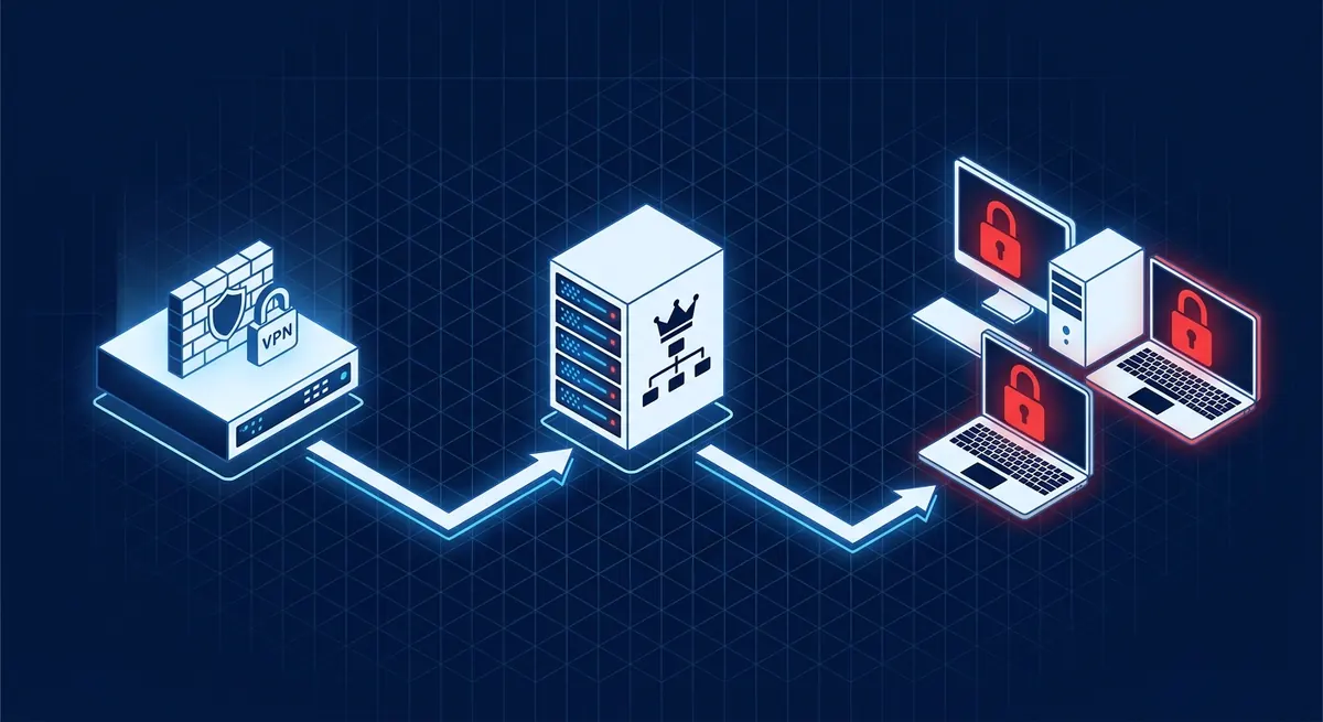 Isometric diagram showing a compromised firewall used to pivot into an internal Active Directory domain controller and then ransomware