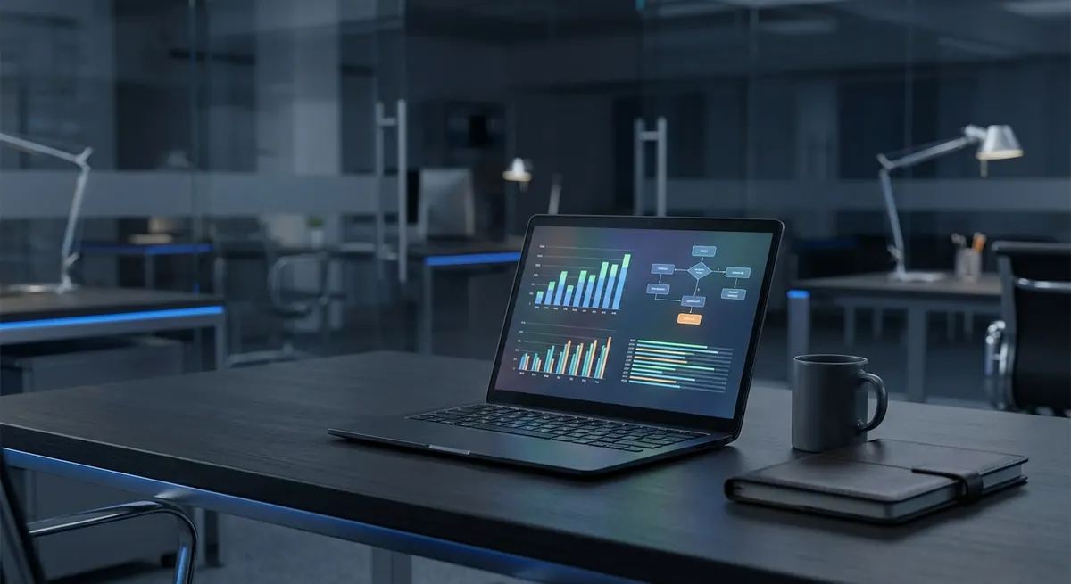 Modern office laptop displaying AI-powered analytics dashboards and workflow automation diagrams