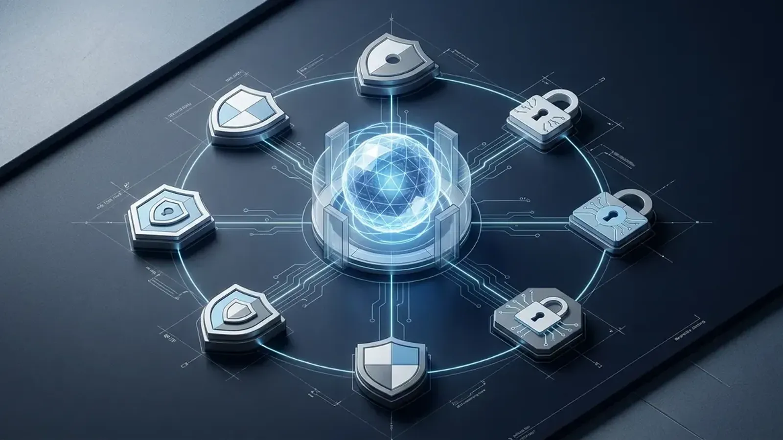 Isometric blueprint of six security platforms connected to a central frontier AI reasoning core