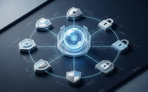 Isometric blueprint of six security platforms connected to a central frontier AI reasoning core