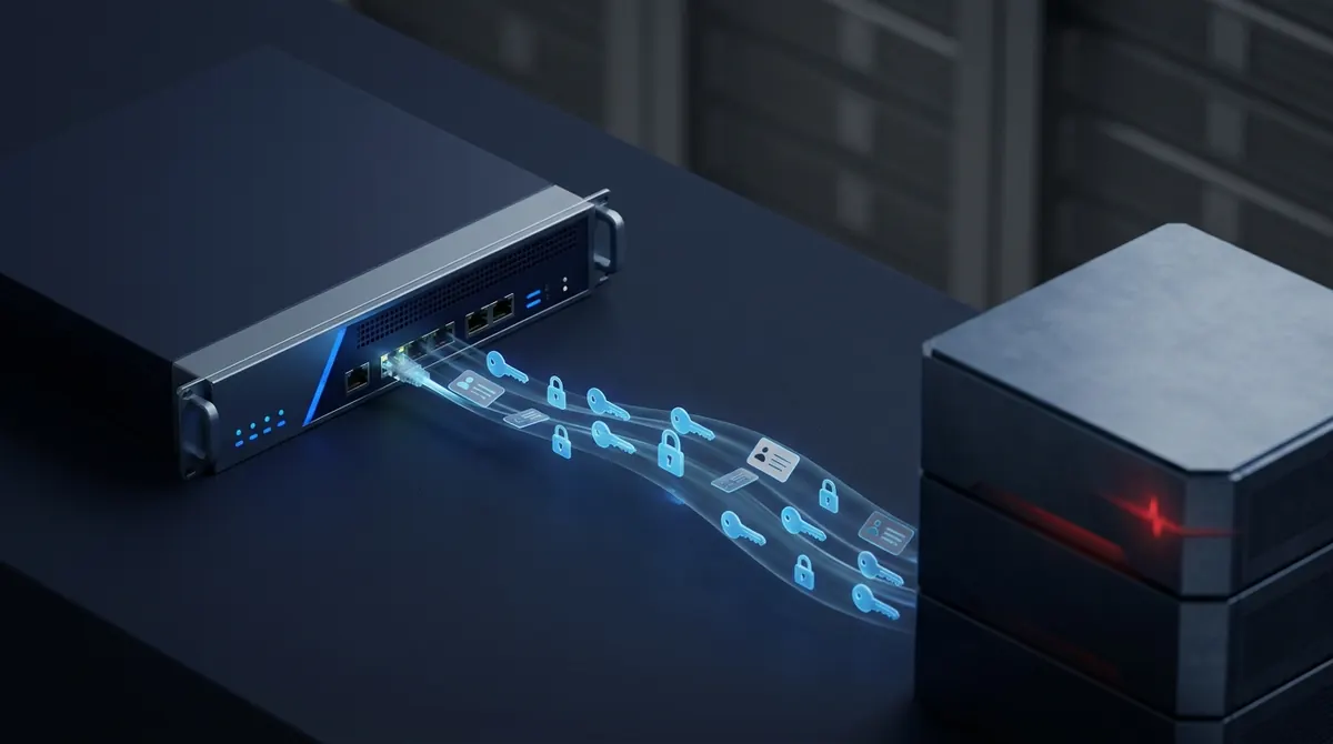 Conceptual illustration of credentials leaking out of an internet-facing firewall into an attacker-controlled database