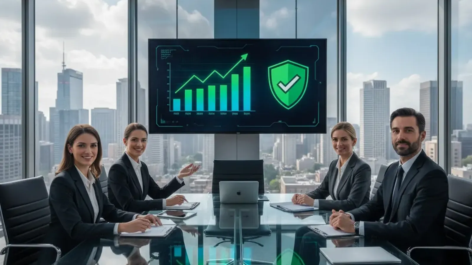 Executive team reviewing productivity and security metrics that demonstrate the benefits of managed IT services