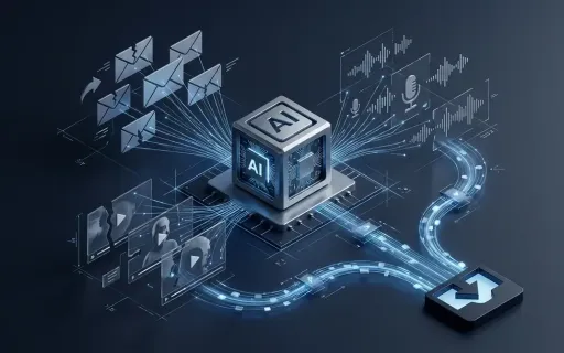 Isometric conceptual visualization of an AI engine assembling phishing emails, voice fragments, and deepfake video frames into a unified attack stream