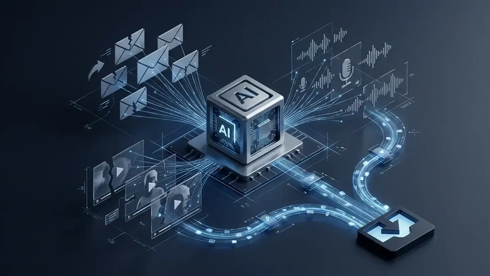 Isometric conceptual visualization of an AI engine assembling phishing emails, voice fragments, and deepfake video frames into a unified attack stream