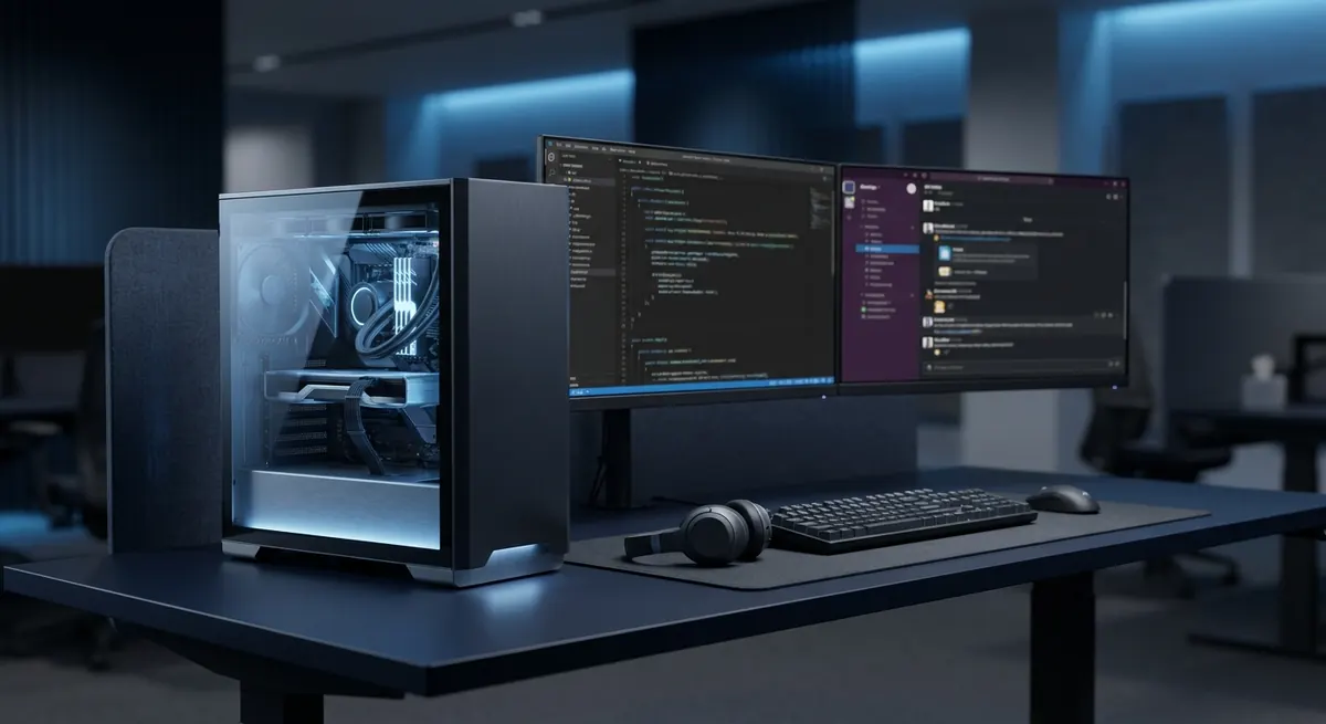 A developer workstation with a discrete GPU running a local AI model, terminal and chat window visible on screen
