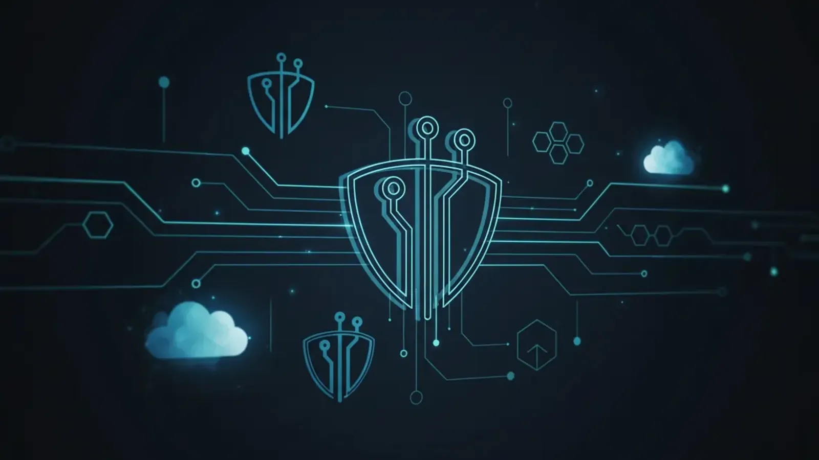 Glowing digital security shields connected to cloud icons and circuit lines